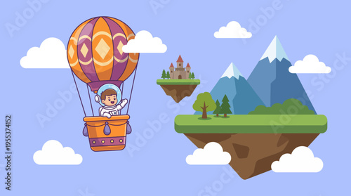 A young child dressed as an astronaut joyfully sails in a colorful hot air balloon over whimsical floating islands, sparking adventure and imagination in a fantasy world.