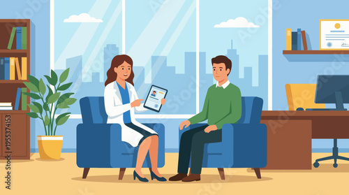 A healthcare professional engages with a patient, reviewing information on a tablet in a modern office space, symbolizing communication, trust, and patient-centered care.