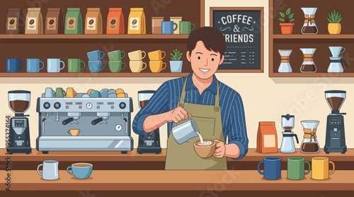 A skilled barista pours steaming milk into a cup, creating latte art in a cozy coffee shop filled with colorful mugs and a vibrant atmosphere of friendship.