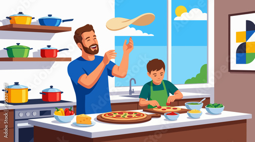A father and son bond in the kitchen, preparing homemade pizza together, illustrating the warmth of family moments and the joy of cooking as a shared experience.