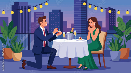 A man proposes to his partner at a beautifully set outdoor dinner table on a rooftop, showcasing romance and the joy of sharing special moments together.