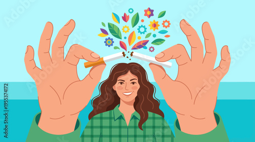 A woman breaks a cigarette, symbolizing personal growth and freedom from addiction, as blossoms emerge from the broken piece, representing new beginnings.