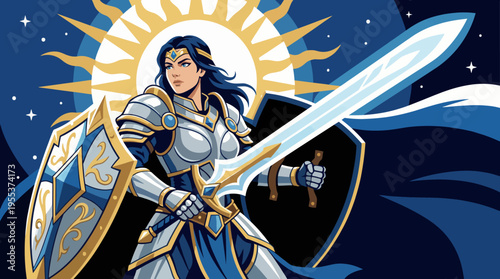 This captivating image features a strong female warrior dressed in shining armor, wielding a sword and shield against a backdrop of the sun, symbolizing strength and courage.