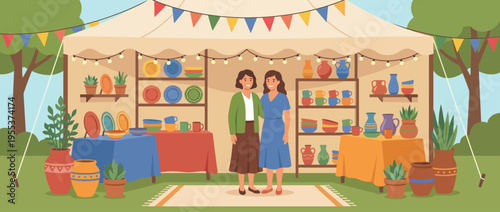 In this cheerful scene, two women stand proudly in front of a colorful booth filled with beautifully crafted pottery and dishes, showcasing local artistry and community spirit.