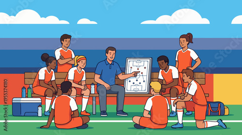 In this engaging image, a soccer coach teaches a group of attentive players about game strategies using a tactics board, fostering teamwork and skills development.