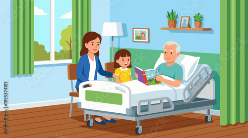 A touching image displays a family together in a hospital room, where a child reads to her grandfather, highlighting love, care, and connection during challenging times.