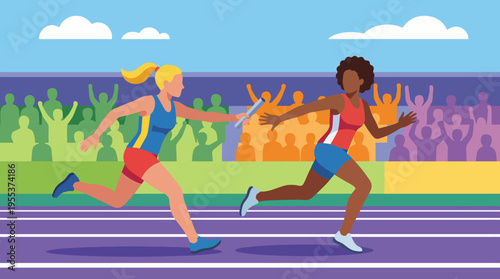 Dynamic illustration of a relay race showcasing two athletes energetically passing the baton, representing teamwork, speed, and the spirit of competition on a vibrant track.