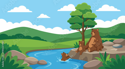 A serene illustration of mother bears with cubs enjoying a sunny day by a river, highlighting the beauty of nature and family bonds in a vibrant environment.