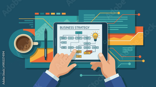 An informative illustration showcasing a person analyzing a business strategy on a tablet amidst colorful charts and graphs, representing the essence of planning and analysis.