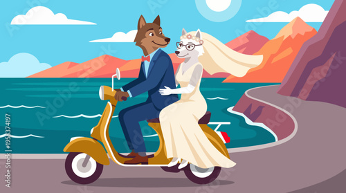 A whimsical illustration featuring a bride and groom on a scooter, celebrating their wedding day with joy and charm, set against a picturesque seaside landscape.
