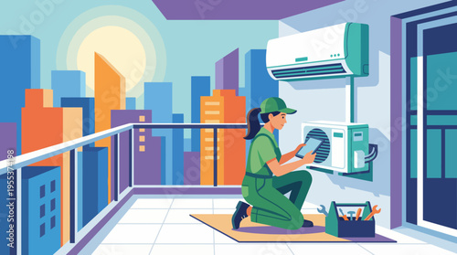 An engaging illustration of a technician working on an air conditioning unit outdoors, emphasizing the importance of maintenance and technical skills in urban settings.