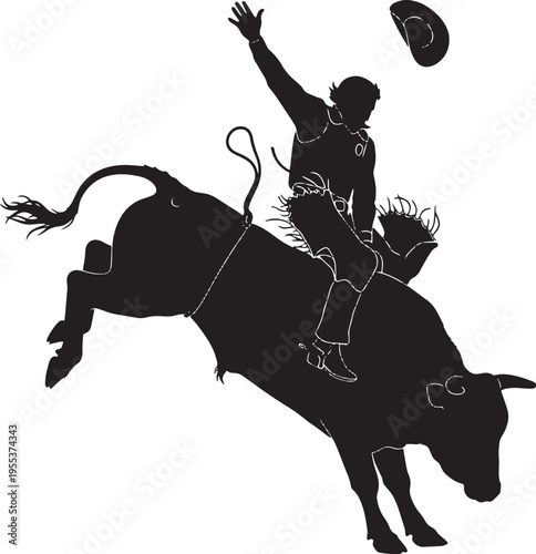 Black silhouette of a cowboy riding a bucking bull isolated on a white background.