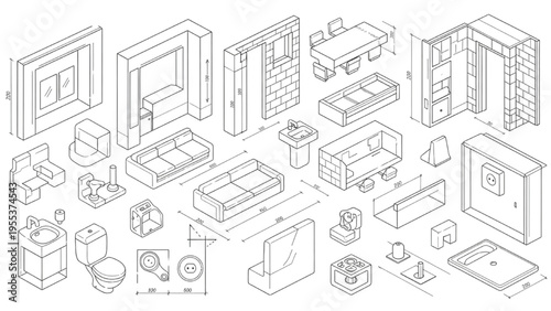 Various furniture pieces and household items are arranged in a cluttered interior scene with architecture and industry elements.