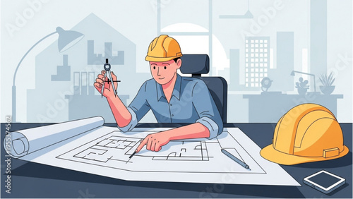 An engineer designs a building plan on paper with tools and safety gear nearby indoors.