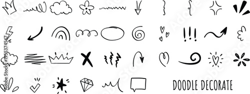 Hand drawn doodle decorate vector set. Black and white line art of abstract shapes, arrows, crowns, hearts, stars, and comic elements for design accents.
