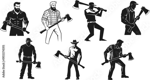 Lumberjack men holding axes, vintage worker silhouettes, strong masculine poses, woodcutting profession concept, logging industry vector illustration, forestry tools, strength, power