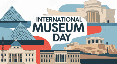 International Museum Day illustration with famous landmarks in vibrant colorful style for cultural event