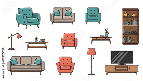 Living room furniture set with sofa, armchairs, coffee table, lamps, and TV stand