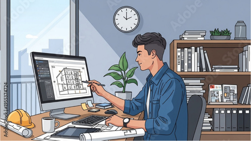 Man working on computer with architectural design in office environment