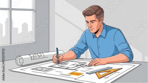 Man drawing blueprints at a desk near a window with city view