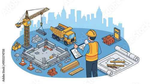 Construction worker with blueprint near crane and cement mixer on building site