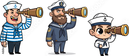 Cartoon vector illustration of sailors and captain looking through spyglass telescope, navy crew characters exploring sea, maritime adventure concept design.