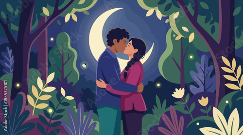 A tranquil and romantic scene depicting a couple sharing a kiss surrounded by lush greenery and softly glowing fireflies against a beautiful moonlit backdrop.