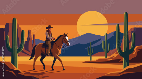 A classic western scene featuring a lone cowboy riding through the desert landscape at sunset, showcasing vibrant warm colors and iconic cacti.