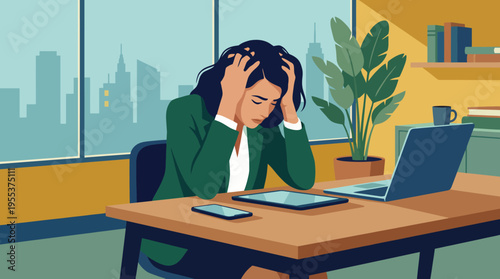 A visually engaging scene capturing a young woman overwhelmed by work stress in a modern office setting, reflecting on challenges amidst her technology-filled workspace.