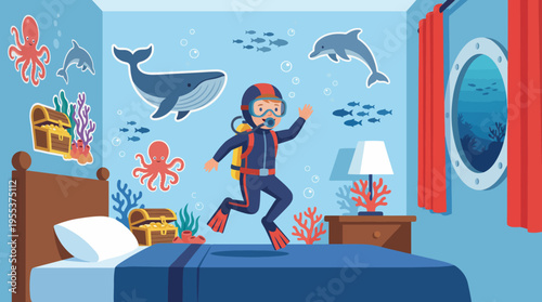 A whimsical illustration of a child in a bedroom diving into an imaginative underwater world filled with dolphins, whales, and vibrant sea life, reflecting creativity and adventure.