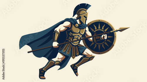 A valiant warrior, clad in authentic ancient armor, charges forward with a shield and spear, evoking the strength and bravery of historic battles and legendary gladiators.