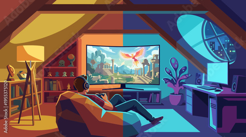 A gamer experiences excitement in a colorful attic, enjoying a captivating contrast of day and night outside while immersed in the vibrant virtual world displayed on screen.