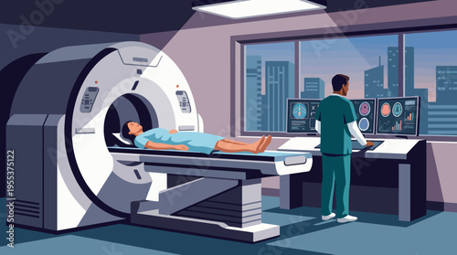 A patient lies still on an MRI machine in a contemporary hospital room, highlighting the advancements in medical technology and the essential role of diagnostics in healthcare.