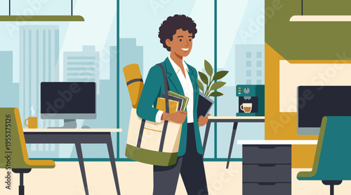 A confident businesswoman, carrying a laptop and plants, strides through a modern office space filled with greenery and urban views, symbolizing professionalism and productivity.