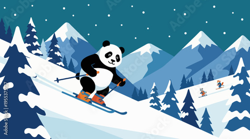 An adorable panda skillfully skis down snow-covered mountains, merging joy and winter fun in a beautifully illustrated snowy landscape, evoking happiness and adventure in nature.