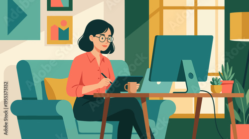 A woman is focused on her digital tablet while sitting on a couch at home, portraying the modern remote work lifestyle and creativity in a cozy environment.