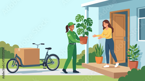 A friendly delivery person hands a potted plant to a smiling recipient, symbolizing the joy of gifting greenery and connecting with nature at home.