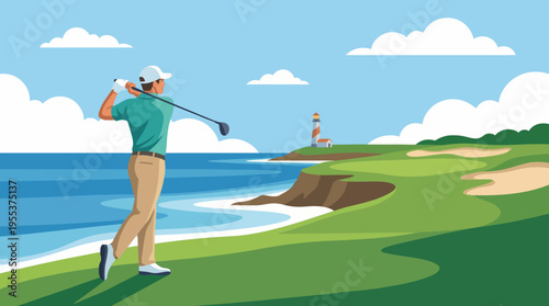 A golfer is seen swinging a golf club with a lighthouse in the background, encapsulating the beauty of sports and nature by the sea in this vibrant landscape.