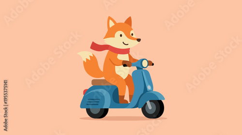 A cheerful fox is riding a scooter in a playful, cartoon-style illustration, showcasing fun, adventure, and a light-hearted approach to life.