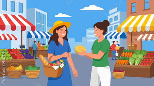 A vibrant farmers market scene depicting two women, one with a basket of flowers and groceries, enhancing the atmosphere of community and fresh produce shopping.