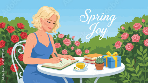 A woman in a beautiful garden is writing in a notebook while sipping tea, representing tranquility, creativity, and the joy of spring in a picturesque setting.