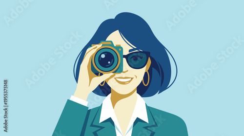 A stylish photographer is capturing images with a camera, radiating confidence and creativity in a bright, cheerful outdoor setting filled with soft colors.