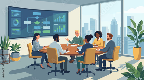 A professional meeting scene with diverse individuals discussing business strategies around a conference table in a modern office, reflecting teamwork and collaboration.