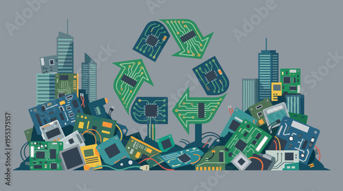 An artistic depiction of electronic waste recycling, showcasing the importance of eco-friendly practices and technology sustainability in a modern urban environment.