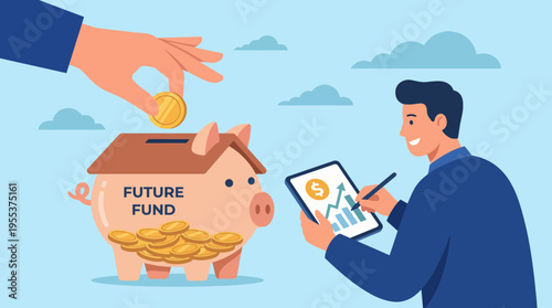A financial illustration showing a person happily depositing money into a piggy bank labeled 'Future Fund', symbolizing saving and investment for future success.