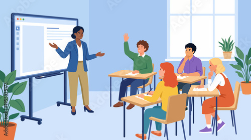 A diverse classroom scene captures a teacher engaging with students, promoting a vibrant learning environment where curiosity and collaboration flourish in educational settings.