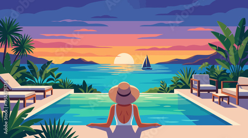 A serene scene showcases a person relaxing by a tranquil poolside with a stunning sunset view, perfectly blending nature and luxury in an inviting emotional escape.