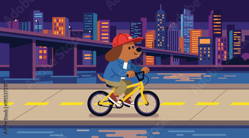 A playful dog wearing a cap rides a yellow bicycle along a city route under a starry night sky, with sparkling lights from skyscrapers illuminating the scene.