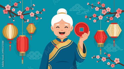 An elderly woman joyfully holds a red envelope amid a festive backdrop of lanterns and cherry blossoms, celebrating cultural traditions with a radiant smile and warmth.