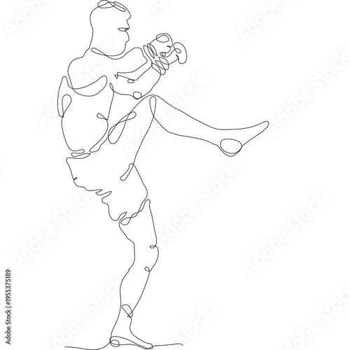 Continuous line drawing of Muay Thai fighters in action pose, showing kick and defense. Minimal vector style ideal for prints, textiles, posters, and modern sports design.